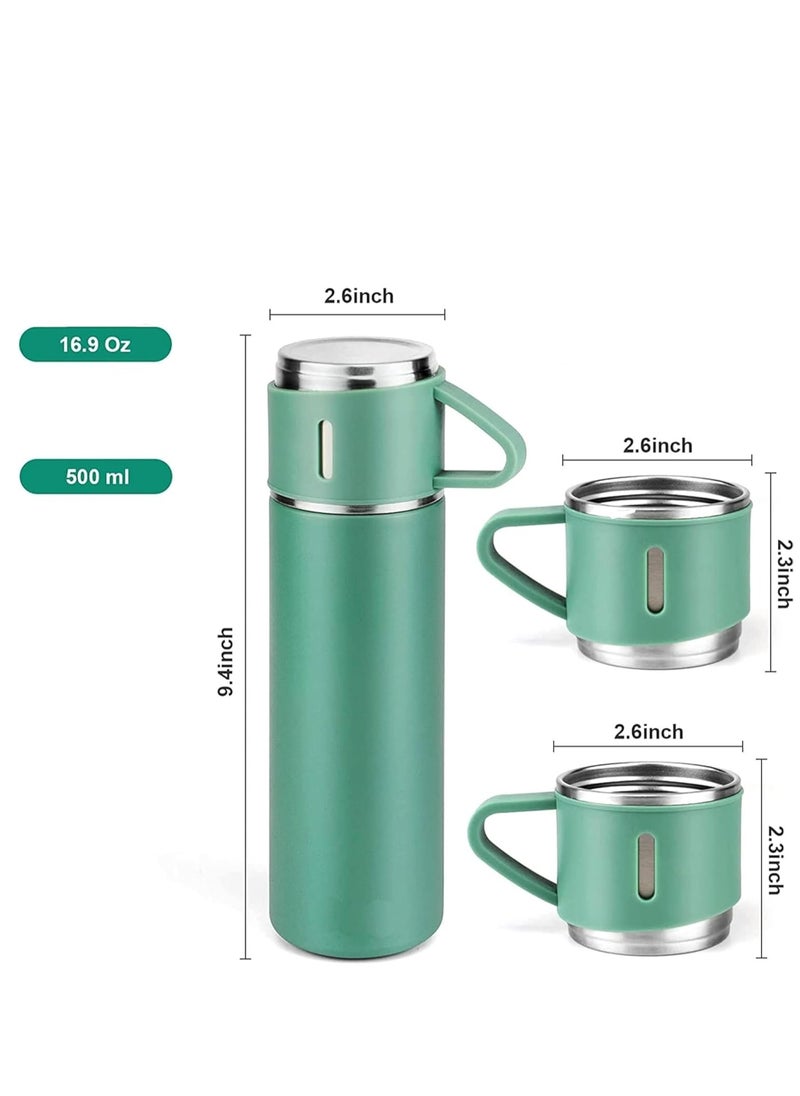 500ml Stainless Steel Vacuum Thermos Flask with Silicone Handle – Insulated Water Bottle with 2 Stainless Steel Cups Set for Hot & Cold Outdoor Travel | Gift Box (2 PACK, GREEN) – Perfect for Hiking, Camping, and Travel