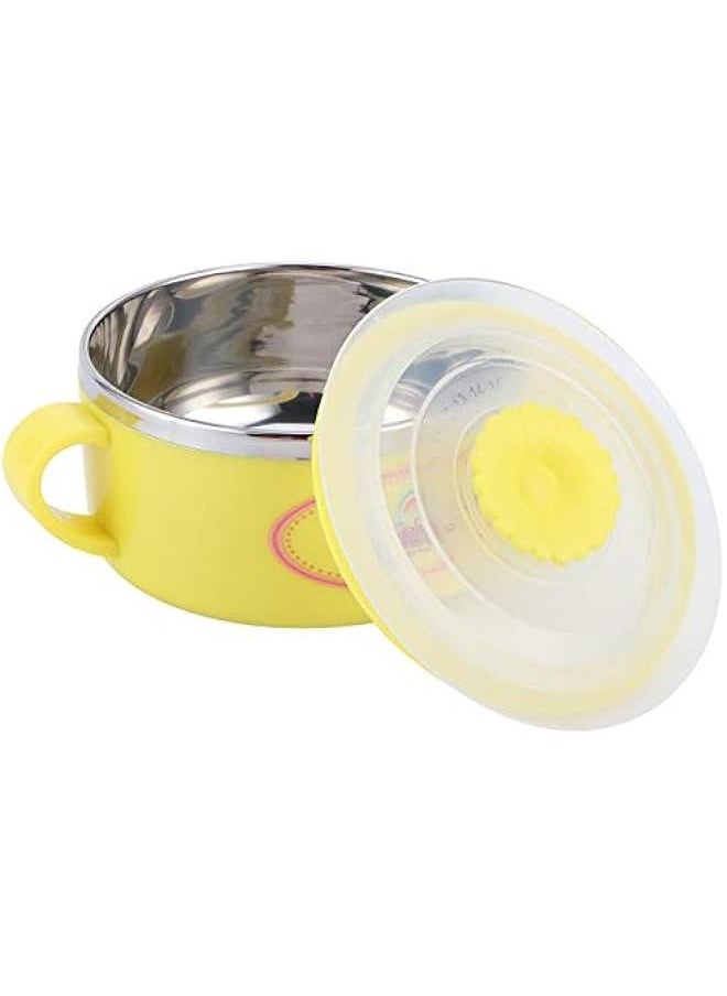 304 Stainless Steel Toddler Bowl, Double Layer Heat Insulation Cartoon Bowl with Lid and Handles Feeding Tableware Dishes Bowl(Yellow)