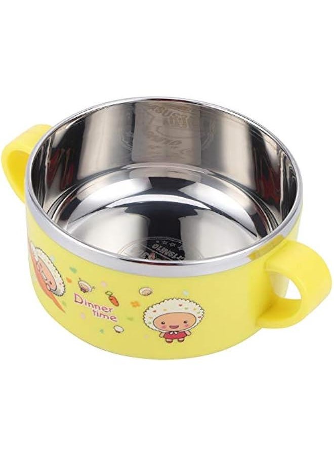 304 Stainless Steel Toddler Bowl, Double Layer Heat Insulation Cartoon Bowl with Lid and Handles Feeding Tableware Dishes Bowl(Yellow)