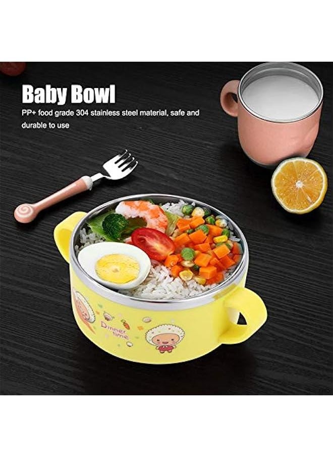 304 Stainless Steel Toddler Bowl, Double Layer Heat Insulation Cartoon Bowl with Lid and Handles Feeding Tableware Dishes Bowl(Yellow)