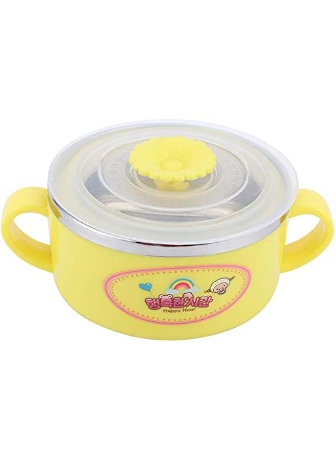 304 Stainless Steel Toddler Bowl, Double Layer Heat Insulation Cartoon Bowl with Lid and Handles Feeding Tableware Dishes Bowl(Yellow)