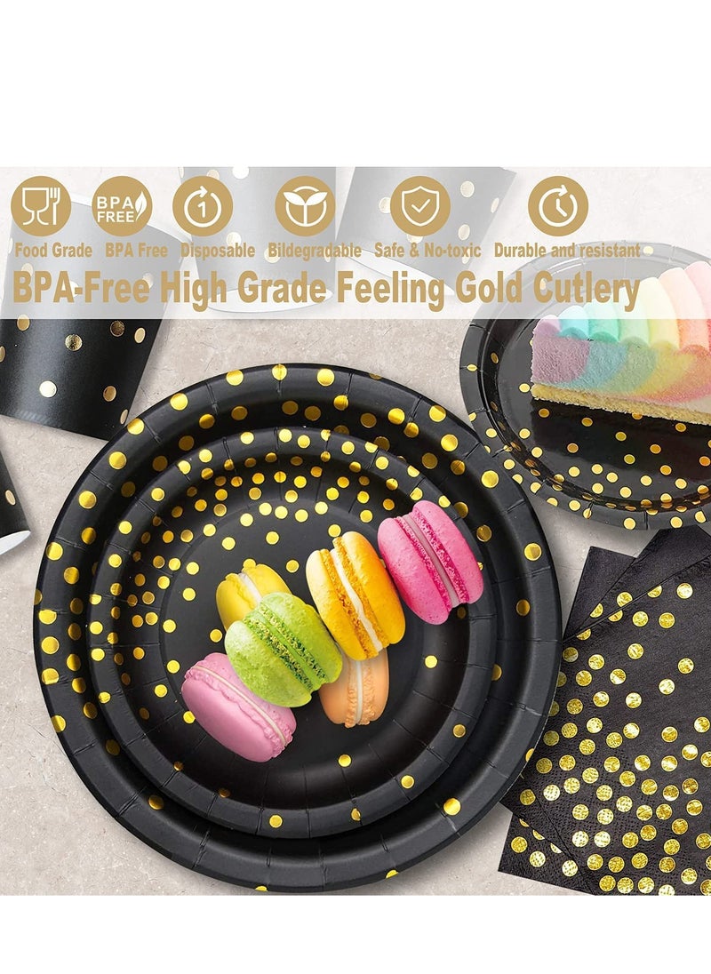 Disposable Party Dinnerware Set Black And Gold Supplies Plastic Forks Knives Spoons And Golden Dot Paper Plates Napkins Cups For Graduation Birthday And Wedding 175 Piece