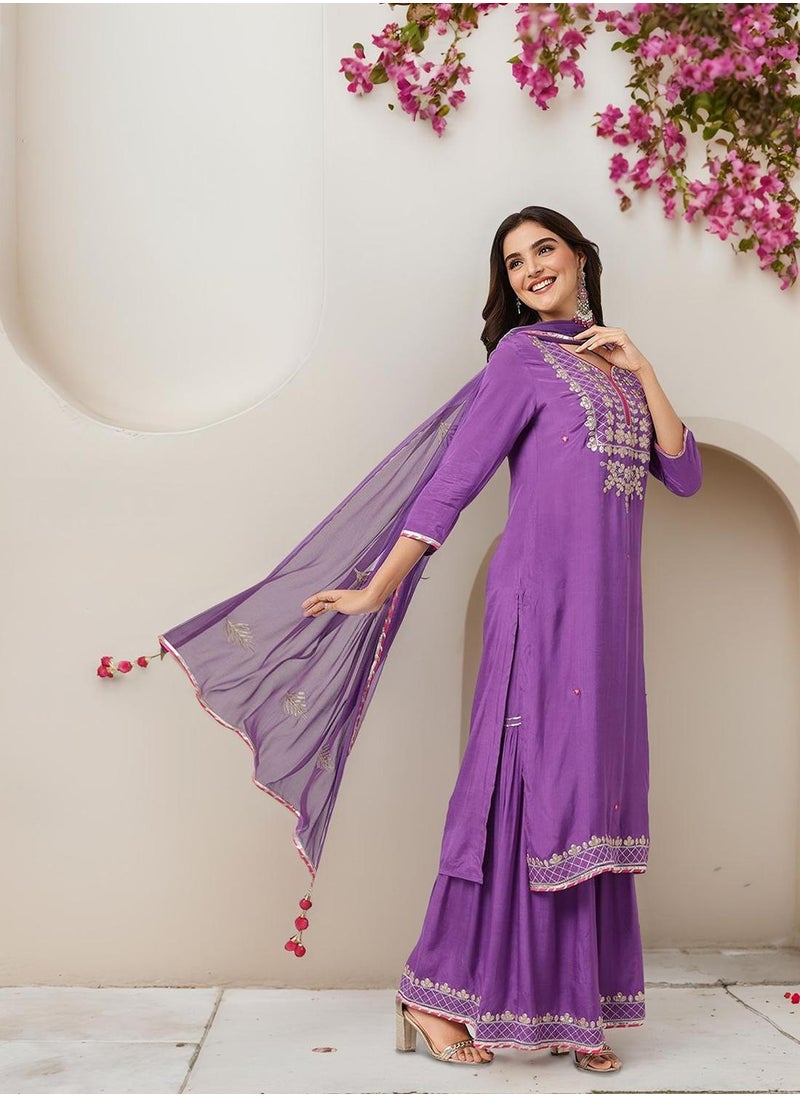 Regular Fit Three-Quarter Sleeve Printed Purple Polyester Woven Kurta Set For Women Flat Collar Perfect For Wedding And Engagement Pull On Closure