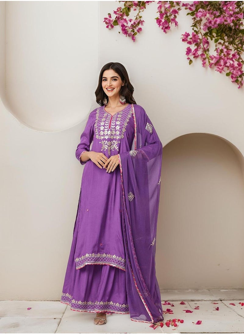 Regular Fit Three-Quarter Sleeve Printed Purple Polyester Woven Kurta Set For Women Flat Collar Perfect For Wedding And Engagement Pull On Closure