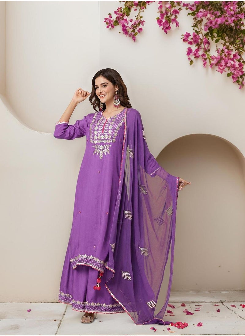 Regular Fit Three-Quarter Sleeve Printed Purple Polyester Woven Kurta Set For Women Flat Collar Perfect For Wedding And Engagement Pull On Closure