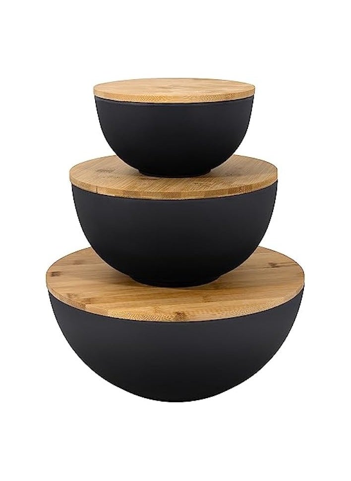 Salad Bowl with Lid - Large Salad Bowl Set of 3 with Wooden Lids, Bamboo Fibre like Melamine Mixing Bowl & Storage Set for Serving Salad, Salad Serving Bowl Set for Pasta, Popcorn, Chips, Dips & Bread