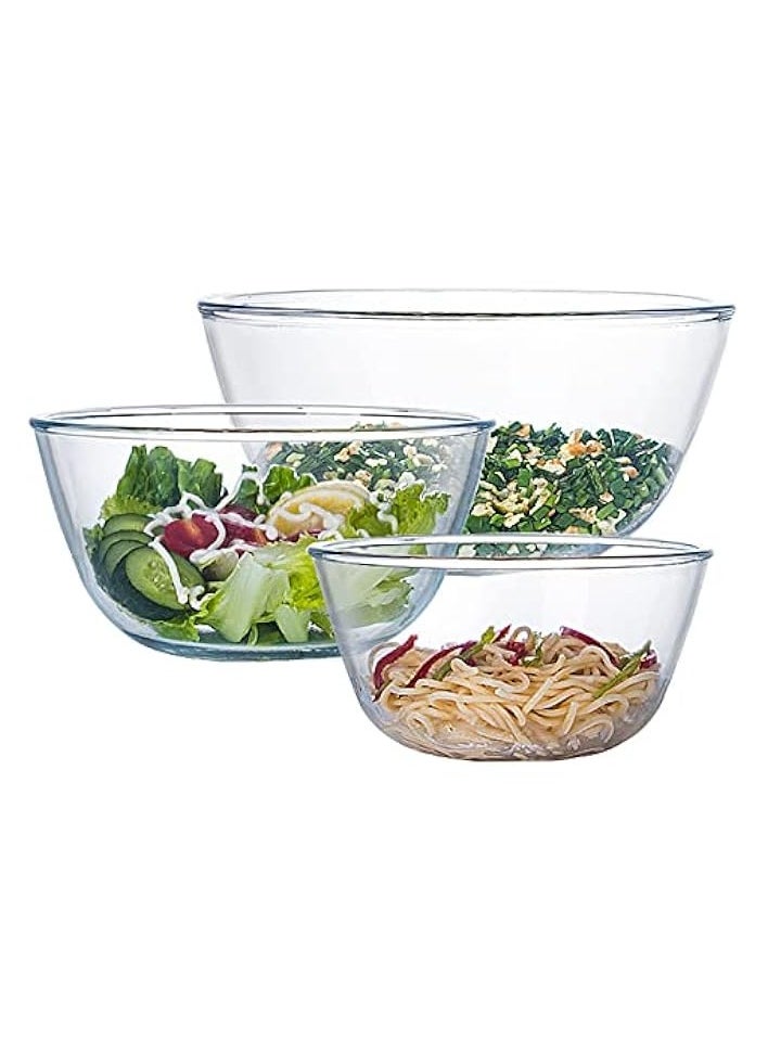 Glass Mixing Bowl Set of 3 for Kitchen, Baking, Prepping, Serving, Cooking 1.1QT, 2.5QT, 4.2QT Large Salad Bowl Set, High Brosilicate Bowl Set, Stackable, Non-toxic, Microwavable, Great Gift