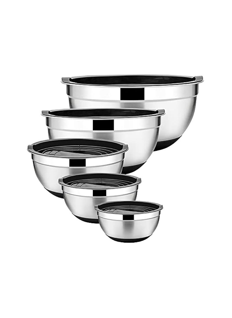 Stainless Steel Mixing Bowls Set of 5, Size 8/5/3/2.5/1.5 QT, Metal Nesting Bowls with Black Airtight Lids, Measurement Marks & Non-Slip Bottoms, Great for Cooking, Baking, Serving, Food Prep