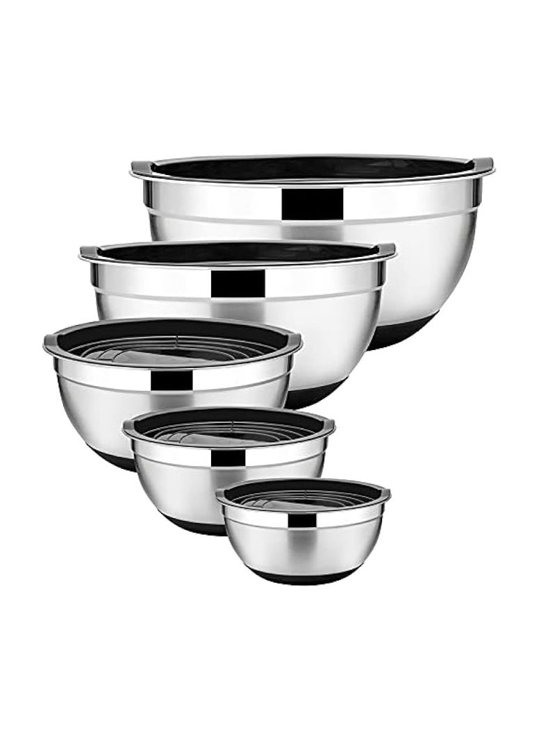 Stainless Steel Mixing Bowls Set of 5, Size 8/5/3/2.5/1.5 QT, Metal Nesting Bowls with Black Airtight Lids, Measurement Marks & Non-Slip Bottoms, Great for Cooking, Baking, Serving, Food Prep