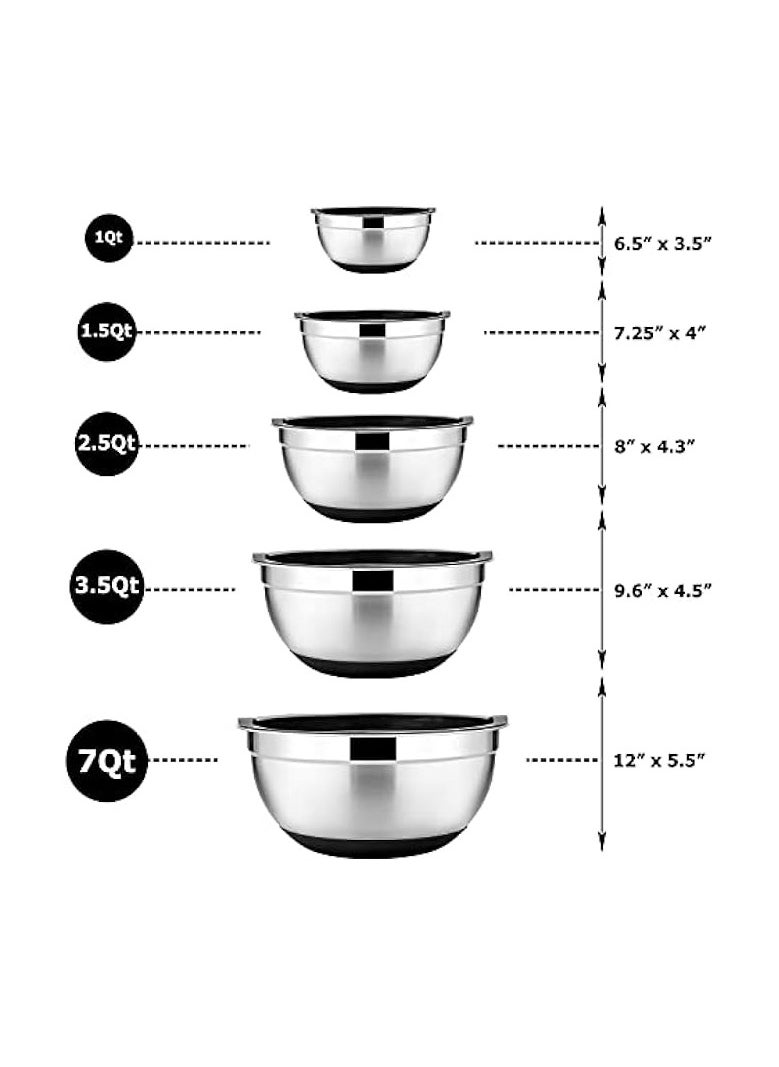 Stainless Steel Mixing Bowls Set of 5, Size 8/5/3/2.5/1.5 QT, Metal Nesting Bowls with Black Airtight Lids, Measurement Marks & Non-Slip Bottoms, Great for Cooking, Baking, Serving, Food Prep