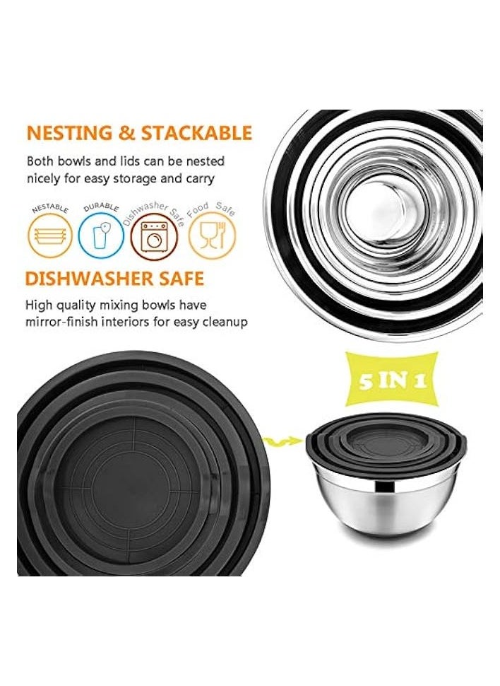 Stainless Steel Mixing Bowls Set of 5, Size 8/5/3/2.5/1.5 QT, Metal Nesting Bowls with Black Airtight Lids, Measurement Marks & Non-Slip Bottoms, Great for Cooking, Baking, Serving, Food Prep