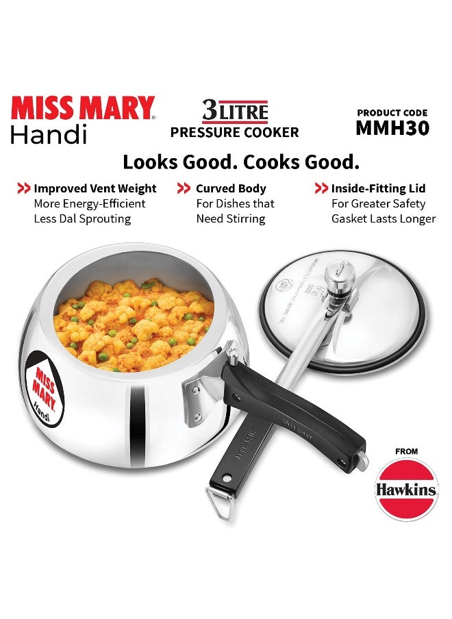 Miss Mary Aluminium Inner Lid Handi Pressure Cooker 3 Litre Silver MMH30