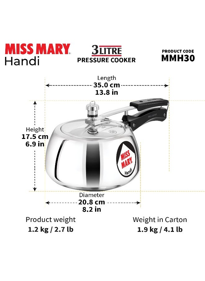 Miss Mary Aluminium Inner Lid Handi Pressure Cooker 3 Litre Silver MMH30