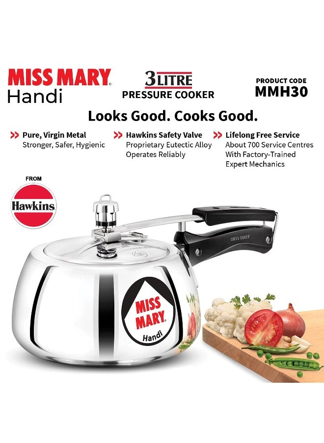 Miss Mary Aluminium Inner Lid Handi Pressure Cooker 3 Litre Silver MMH30