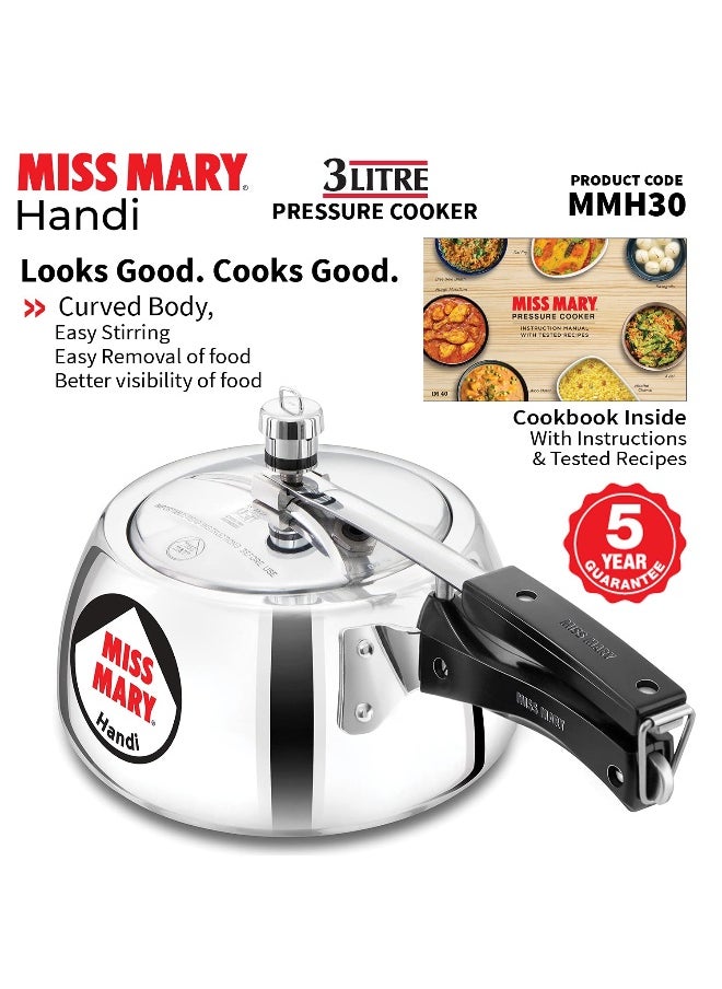 Miss Mary Aluminium Inner Lid Handi Pressure Cooker 3 Litre Silver MMH30