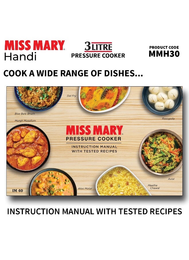 Miss Mary Aluminium Inner Lid Handi Pressure Cooker 3 Litre Silver MMH30