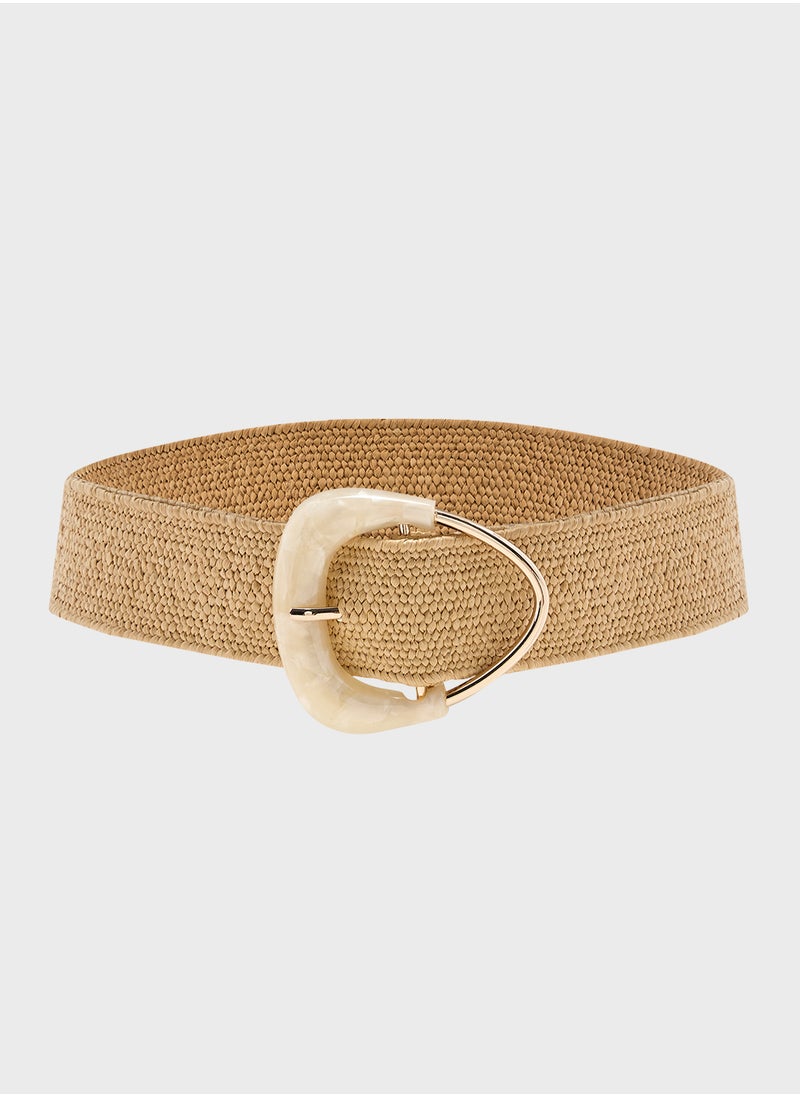 Statement Buckle Woven Raffia Belt