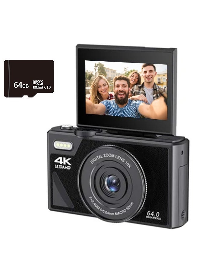 64MP Digital Camera for Photography and Video, 4K Vlogging Camera for YouTube with 3'' Flip Screen, 18X Digital Zoom Digital Camera for Gift, Compact Anti Shake Vlogging Camera for Live Streaming Travel Photography, with 64GB SD Card