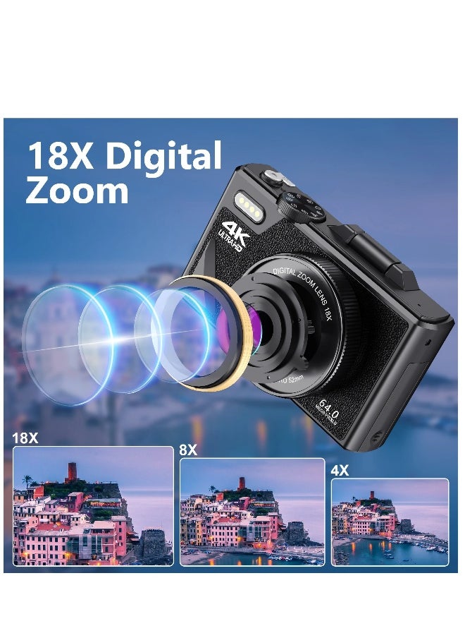 64MP Digital Camera for Photography and Video, 4K Vlogging Camera for YouTube with 3'' Flip Screen, 18X Digital Zoom Digital Camera for Gift, Compact Anti Shake Vlogging Camera for Live Streaming Travel Photography, with 64GB SD Card