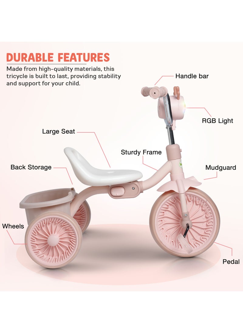 Triky Foldable Baby Tricycle for Kids, Baby Cycle with Light, Music, High Backrest & Rear Storage Basket | Kids Cycle Bike | Kids Tricycle Cyle for Kids 2 to 5 Years Boys Girls Pink