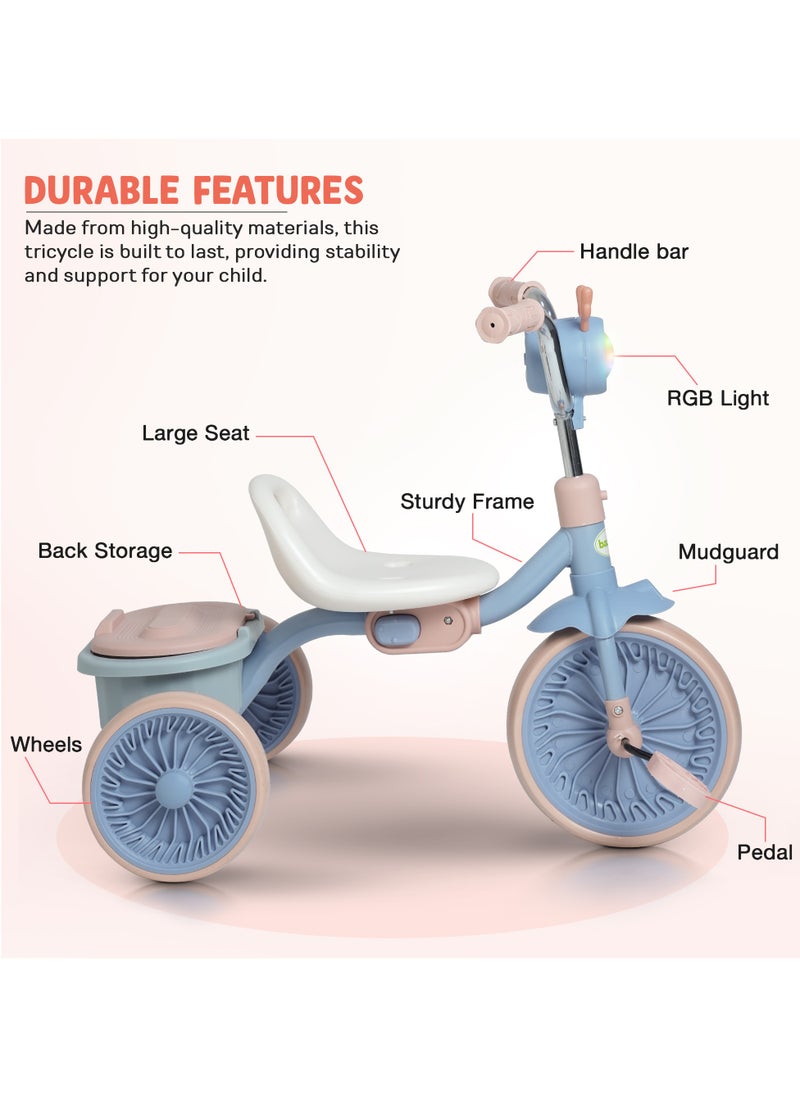 Triky Foldable Baby Tricycle for Kids, Baby Cycle with Light, Music, High Backrest & Rear Storage Basket | Kids Cycle Bike | Kids Tricycle Cyle for Kids 2 to 5 Years Boys Girls Blue