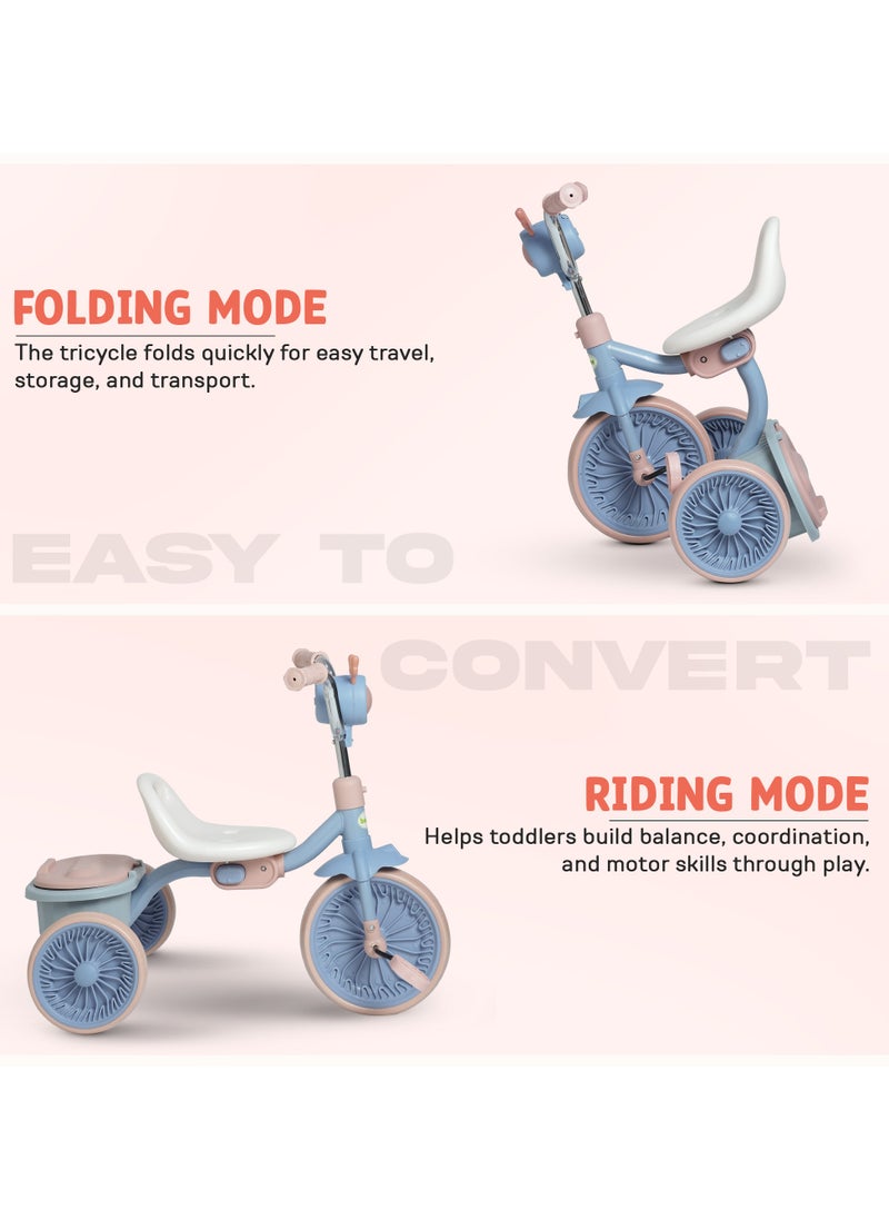 Triky Foldable Baby Tricycle for Kids, Baby Cycle with Light, Music, High Backrest & Rear Storage Basket | Kids Cycle Bike | Kids Tricycle Cyle for Kids 2 to 5 Years Boys Girls Blue