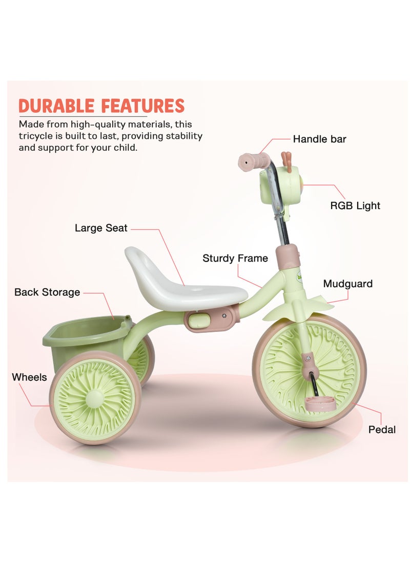 Triky Foldable Baby Tricycle for Kids, Baby Cycle with Light, Music, High Backrest & Rear Storage Basket | Kids Cycle Bike | Kids Tricycle Cyle for Kids 2 to 5 Years Boys Girls Green