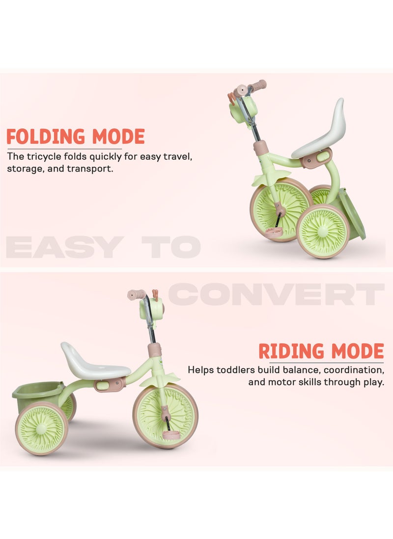 Triky Foldable Baby Tricycle for Kids, Baby Cycle with Light, Music, High Backrest & Rear Storage Basket | Kids Cycle Bike | Kids Tricycle Cyle for Kids 2 to 5 Years Boys Girls Green