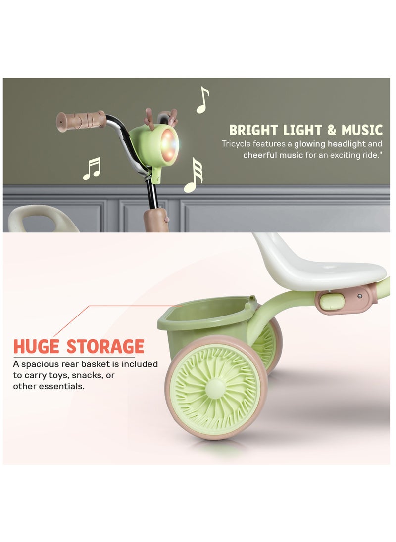 Triky Foldable Baby Tricycle for Kids, Baby Cycle with Light, Music, High Backrest & Rear Storage Basket | Kids Cycle Bike | Kids Tricycle Cyle for Kids 2 to 5 Years Boys Girls Green
