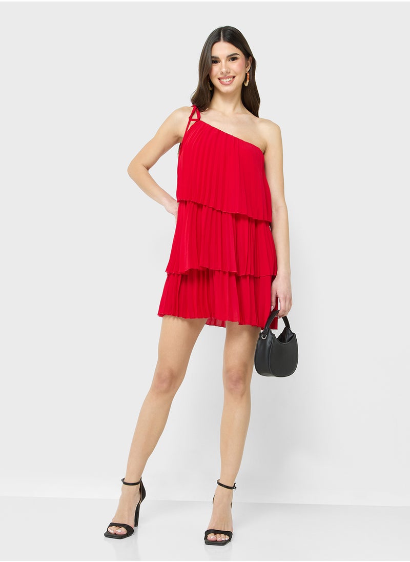 One Shoulder Tie Up Detail Pleated Ruffle Dress