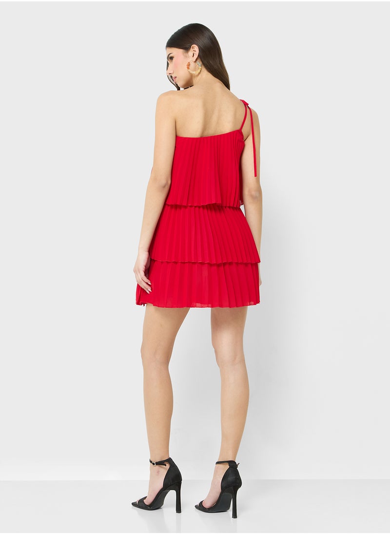One Shoulder Tie Up Detail Pleated Ruffle Dress