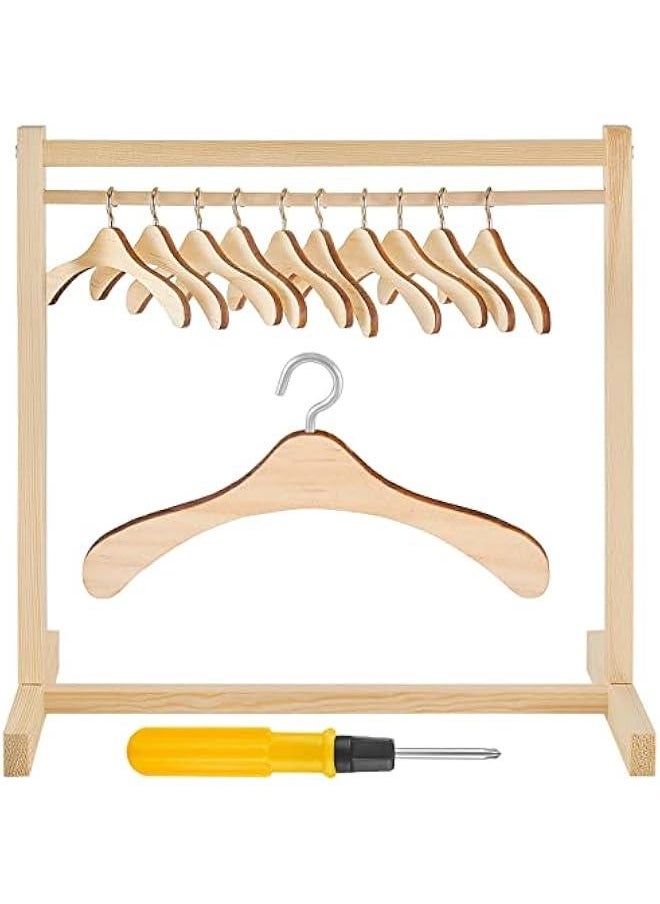 11 Pcs Doll Garment Rack with Wooden Clothes Hanger for 18 Inch Girl Doll Clothes Mini Hangers Wardrobe Furniture Accessories for Dollhouse Baby Shower Supplies