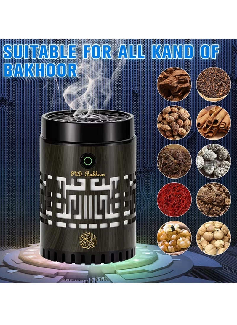 SQ-309 Quran Speaker & Mini Incense Burner Bakhoor Remote & App Control With Multicolor Changing Bluetooth Speaker Night Light With 15 Languages Quran Speaker Bukhoor Burner 8GB Space Natural Wood