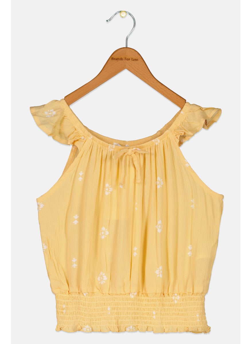 Kids Girls Floral Print  Sleeveless Top, Yellow