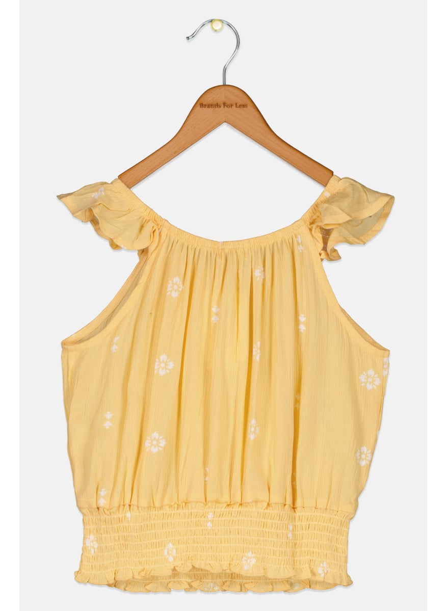 Kids Girls Floral Print  Sleeveless Top, Yellow