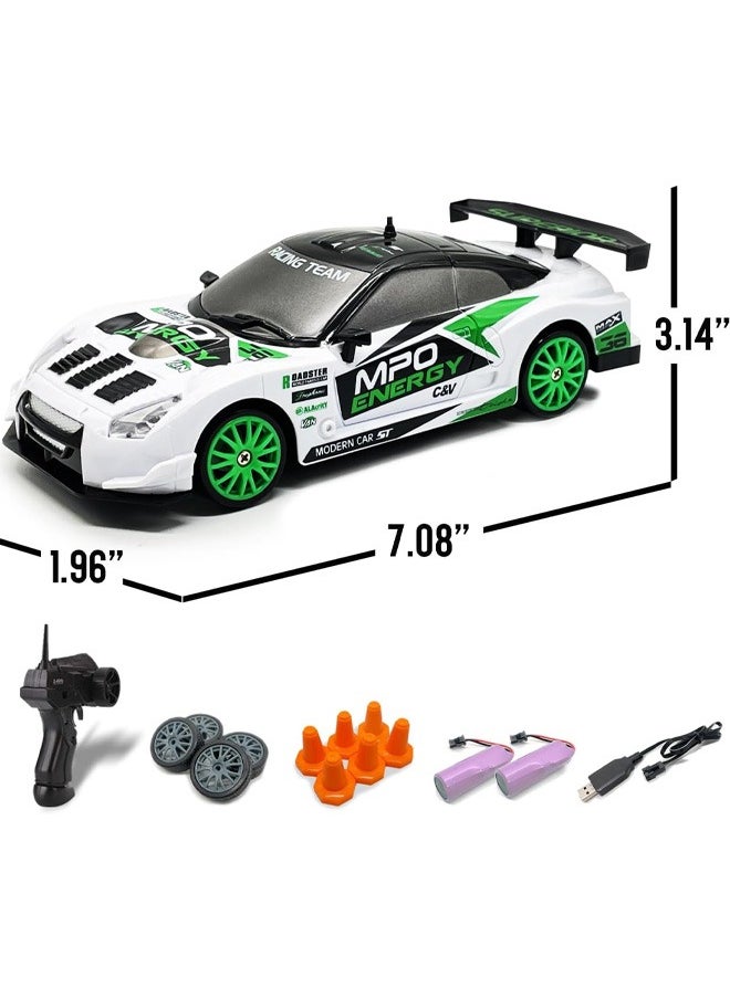 1:24 Scale RC Drift Car, 10MPH 4WD Remote Control Car with LED Light, Racing and Drifting Wheels, 2 Rechargeable Batteries, Toy for Boys, Girls, Kids - Green