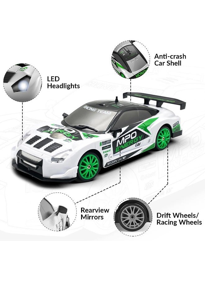 1:24 Scale RC Drift Car, 10MPH 4WD Remote Control Car with LED Light, Racing and Drifting Wheels, 2 Rechargeable Batteries, Toy for Boys, Girls, Kids - Green