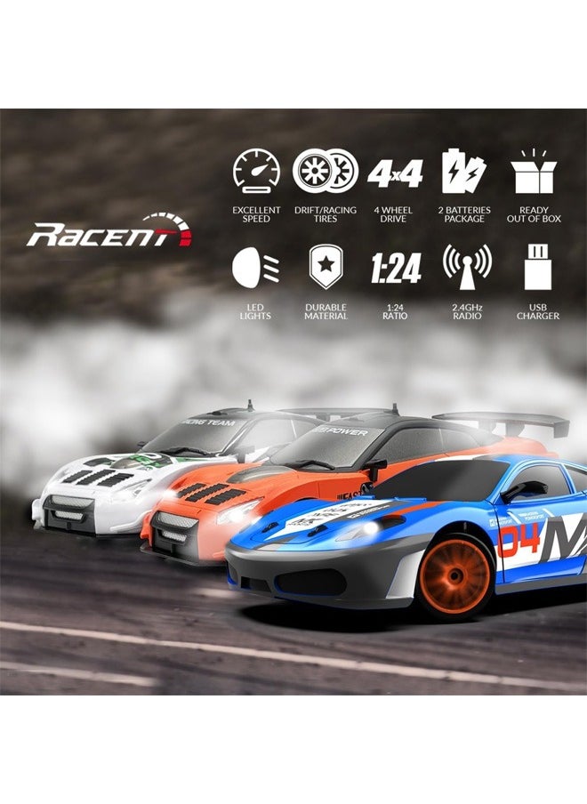1:24 Scale RC Drift Car, 10MPH 4WD Remote Control Car with LED Light, Racing and Drifting Wheels, 2 Rechargeable Batteries, Toy for Boys, Girls, Kids - Green