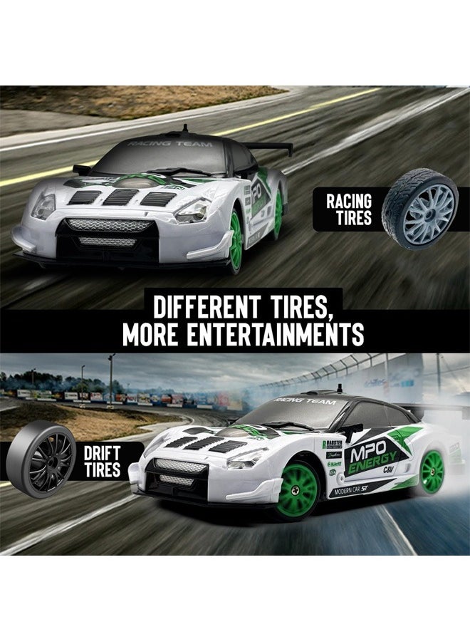 1:24 Scale RC Drift Car, 10MPH 4WD Remote Control Car with LED Light, Racing and Drifting Wheels, 2 Rechargeable Batteries, Toy for Boys, Girls, Kids - Green