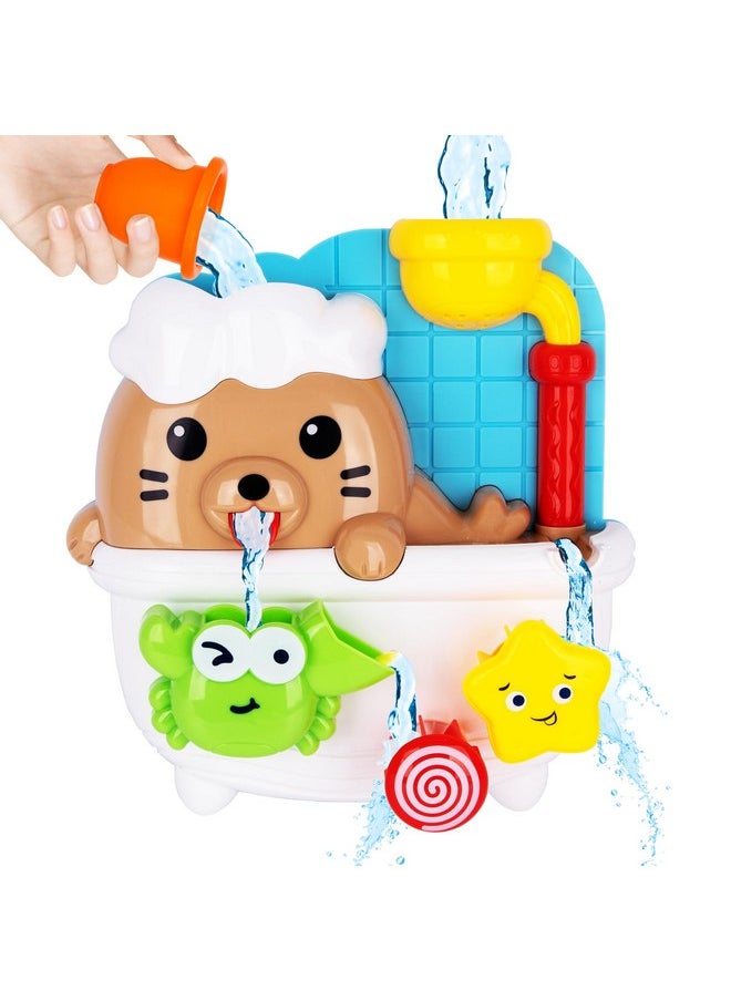 ArtCreativity Sea Lion Bath Toy for Kids - Waterfall Bath Toy with Bobbing Crab, Spinning Wheel, and Strong Suction Cups - Fun Suction Bath Toys for Toddler Tub Time Ages 1 2 3 4 5