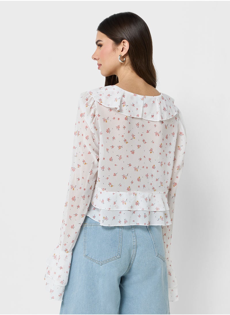 Ditsy Floral Print Ruffle Detail Blouse