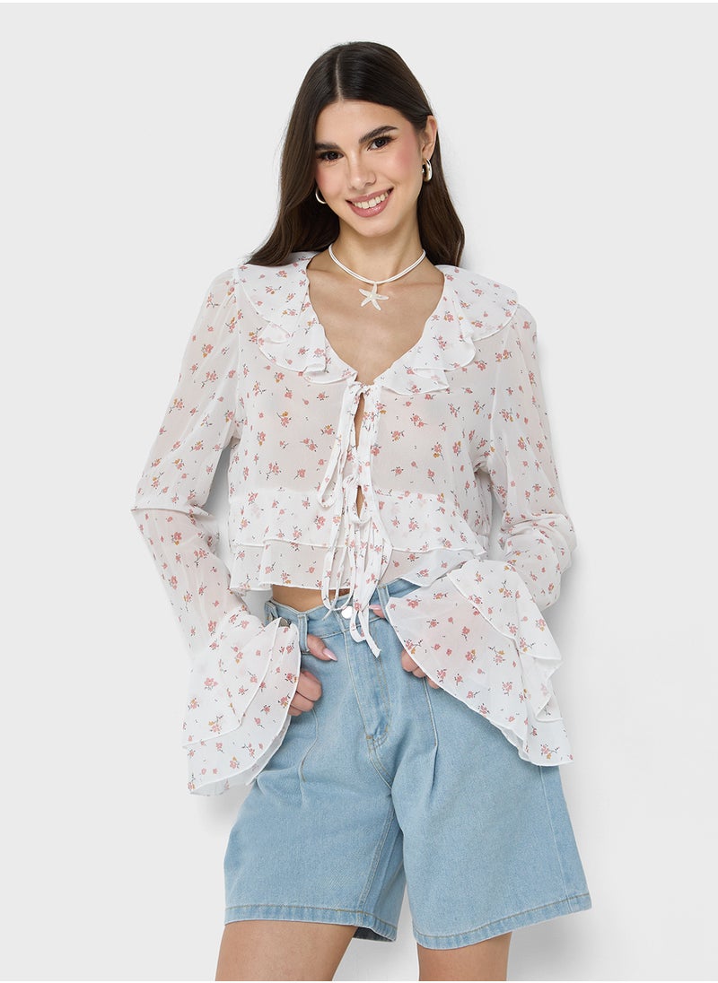 Ditsy Floral Print Ruffle Detail Blouse