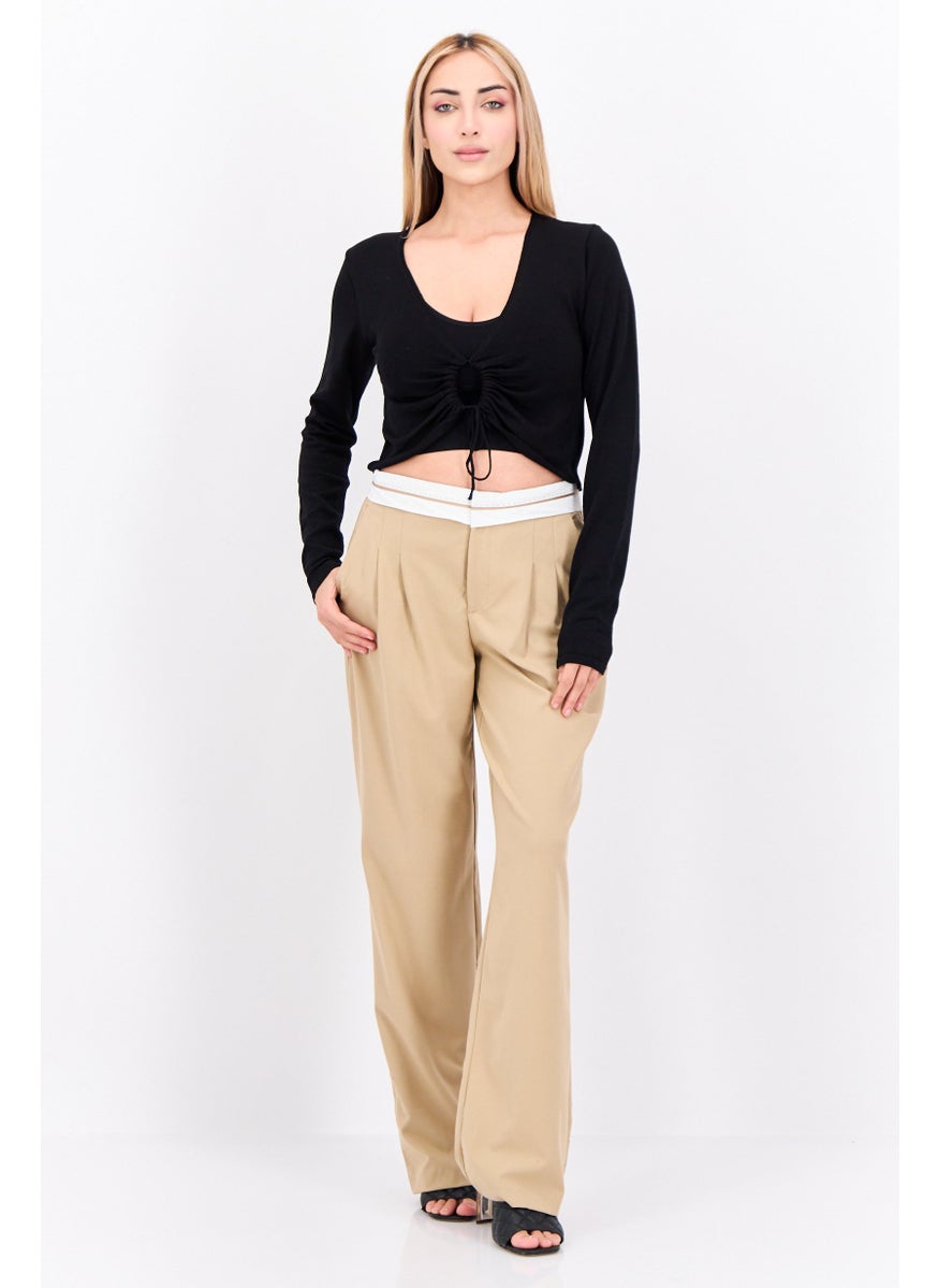 Women Keyhole Neckline Long Sleeve Solid Top, Black