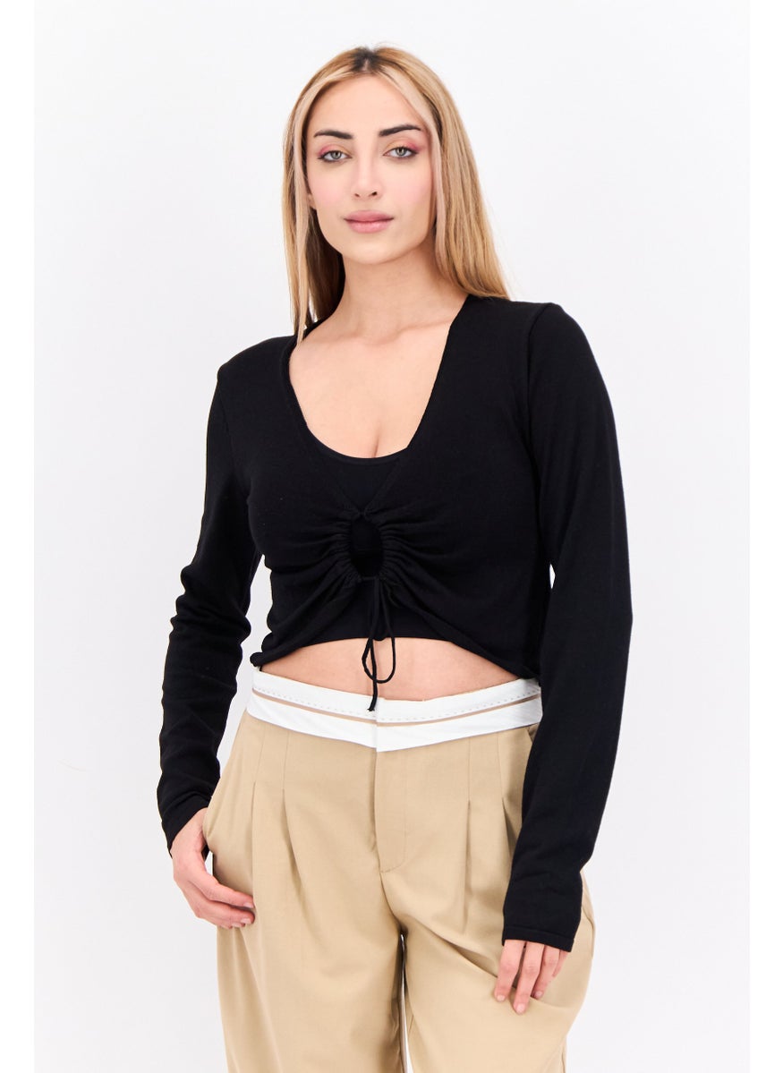 Women Keyhole Neckline Long Sleeve Solid Top, Black