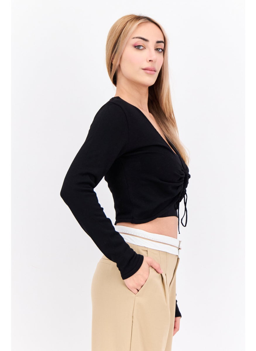 Women Keyhole Neckline Long Sleeve Solid Top, Black