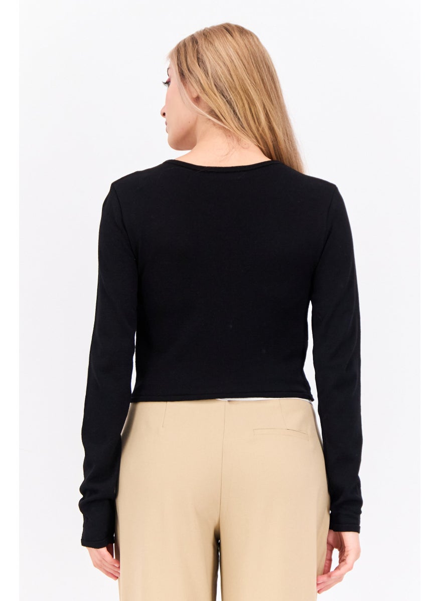 Women Keyhole Neckline Long Sleeve Solid Top, Black