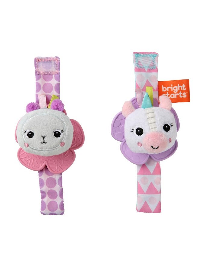 Bright Starts Rattle & Teethe Wrist Pals Toy, Unicorn & Llama, Newborn+, 2 Count