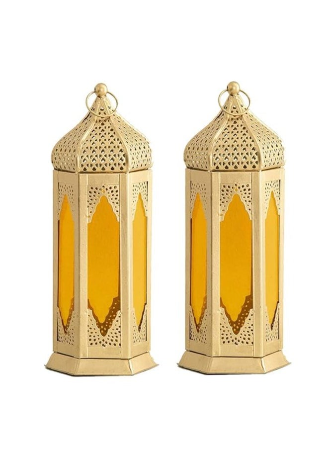 Large Moraccan Lantern Lamp with t Light Candle Holde lantern for  Decorative Hanging Lantern for ramdan Decoration Set of 2 Yellow