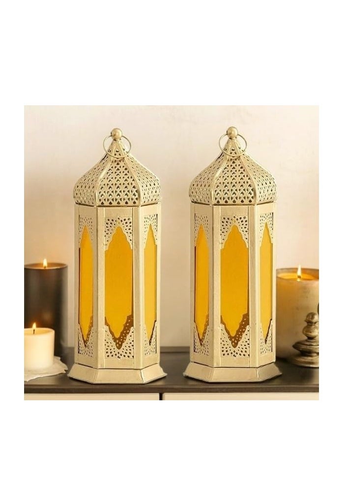 Large Moraccan Lantern Lamp with t Light Candle Holde lantern for  Decorative Hanging Lantern for ramdan Decoration Set of 2 Yellow