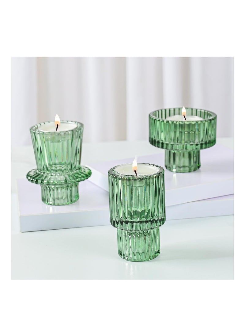 Taper Votive Candle Holder for Pillar Candles Tealight Candlestick Wedding Tea Party Boho Ribbed Vintage Crystal Glass Table Centerpiece Decor Bulk Set of 3 Green